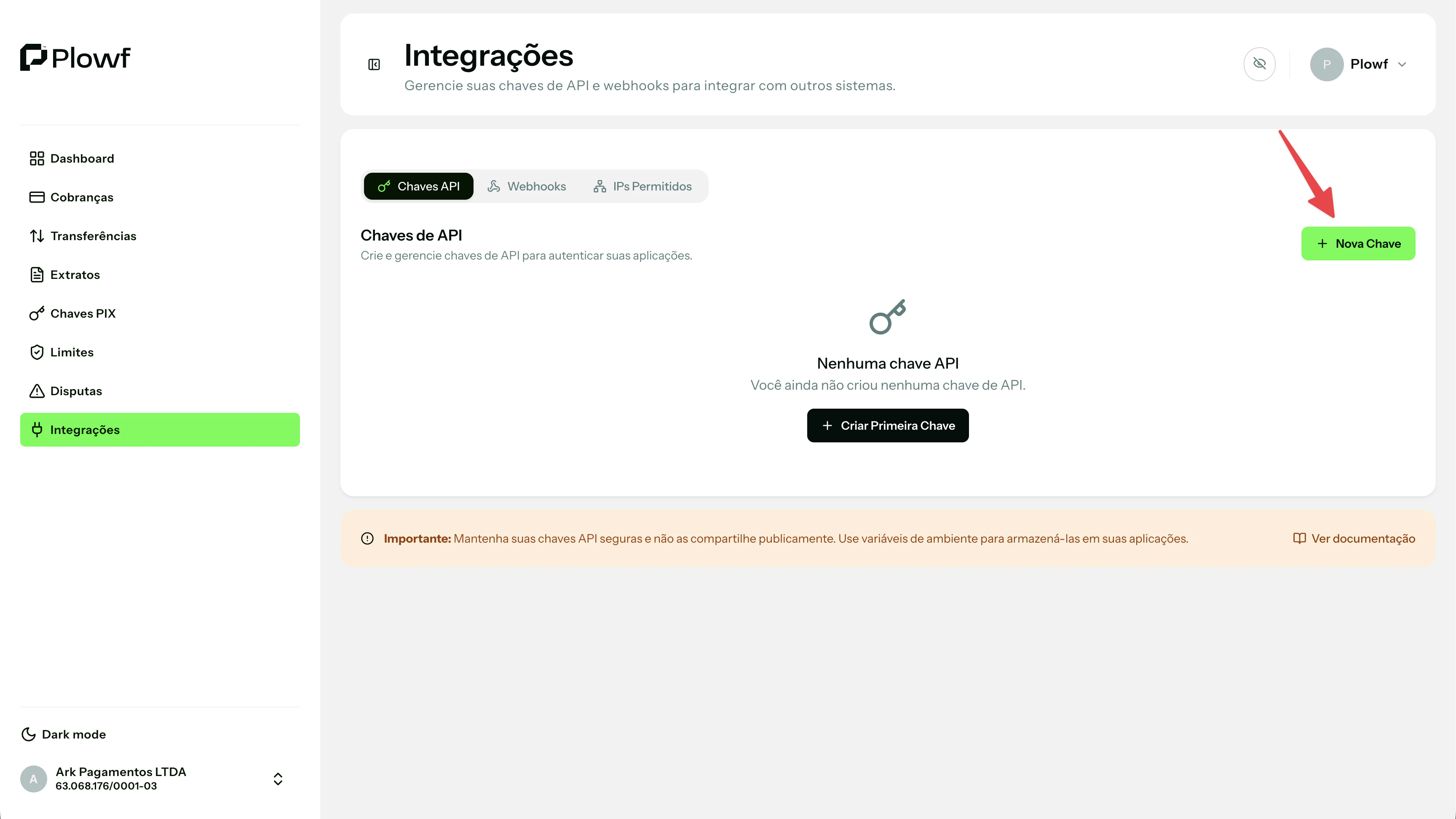 Integrações → Chaves API → Nova Chave