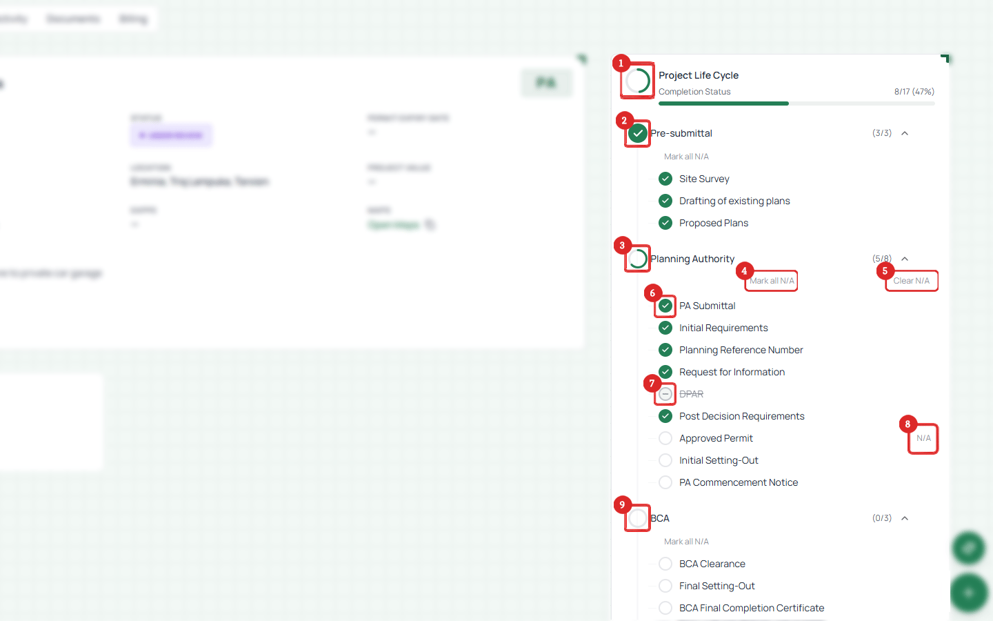 Project Life Cycle panel showing stages, phases, and completion status