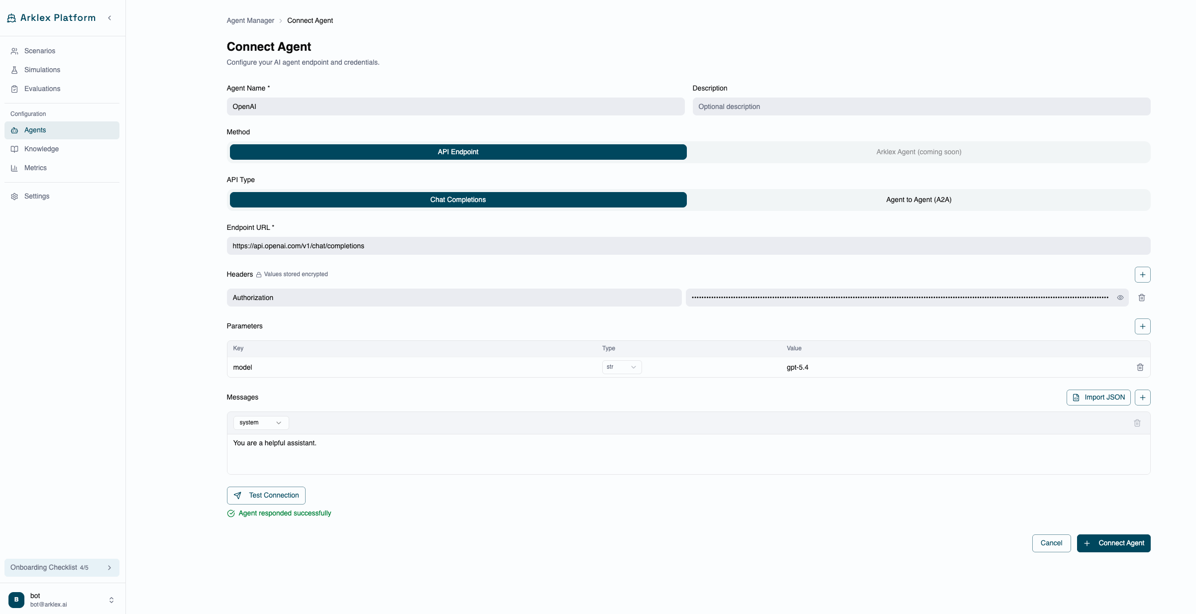 Connect Agent form — select the API type, enter the endpoint URL, add auth headers, and configure body parameters before clicking Test Connection.