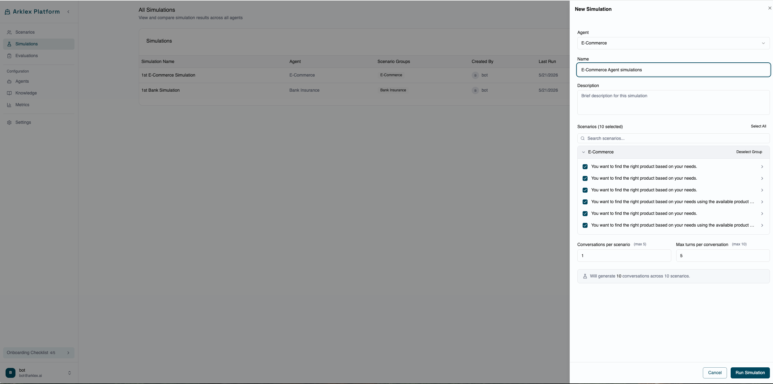 New Simulation panel — select an agent, pick scenarios, set conversations per scenario and max turns, then click Run Simulation.