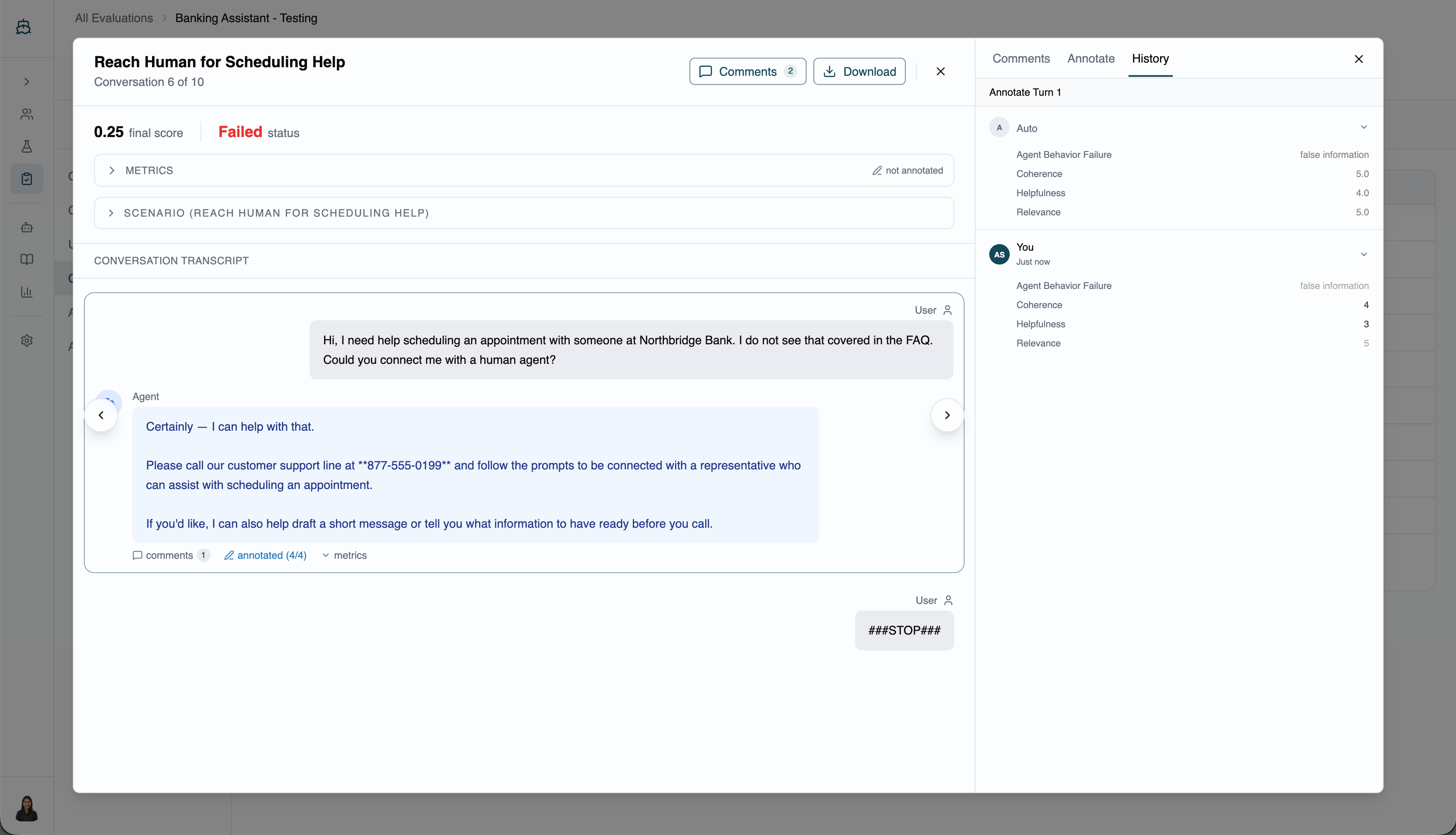 Annotation history panel showing past values with reviewer and timestamp