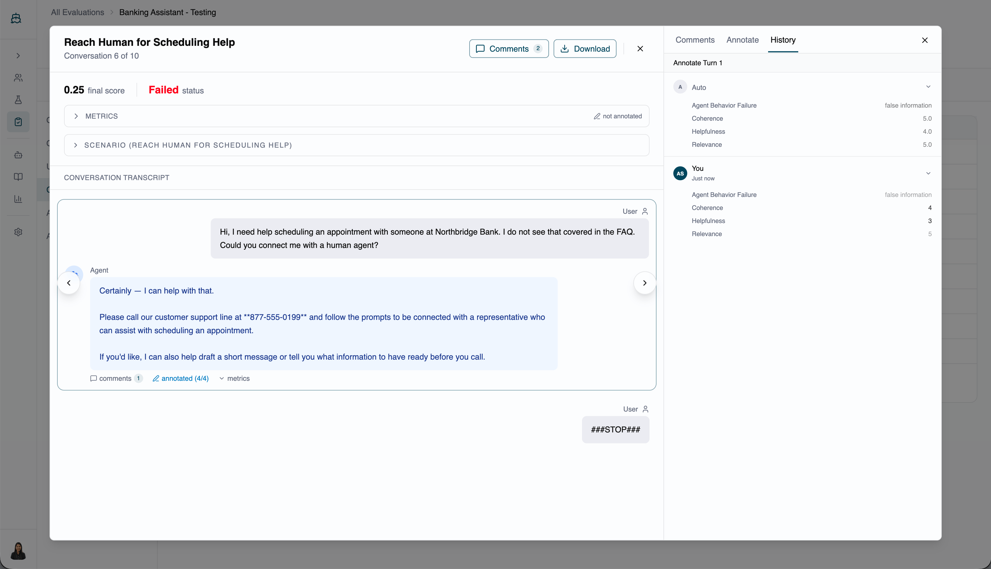 Annotation history panel showing past values with reviewer and timestamp