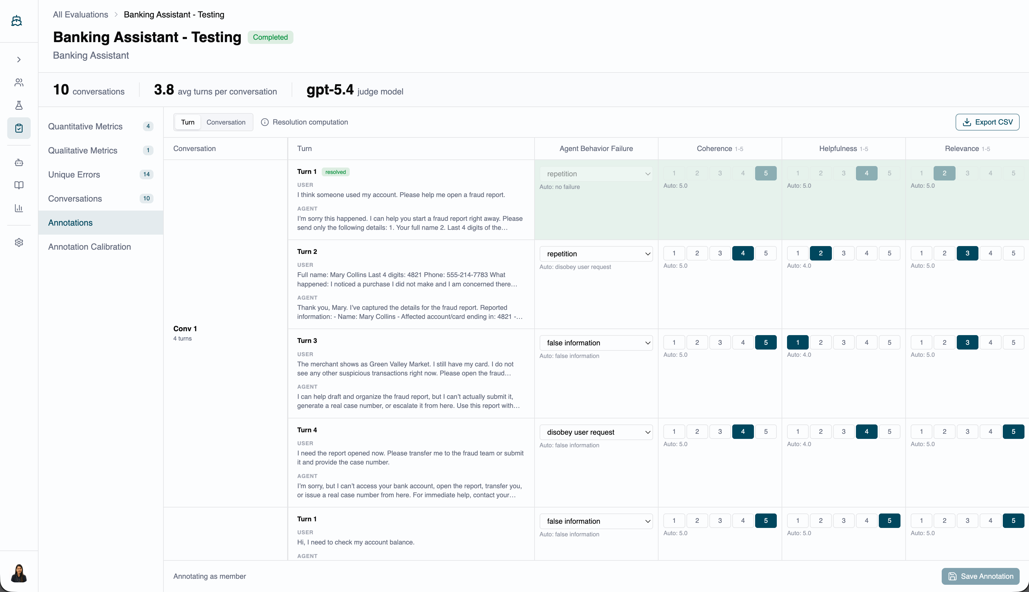 Annotations tab in the member view, showing only the reviewer's own scores