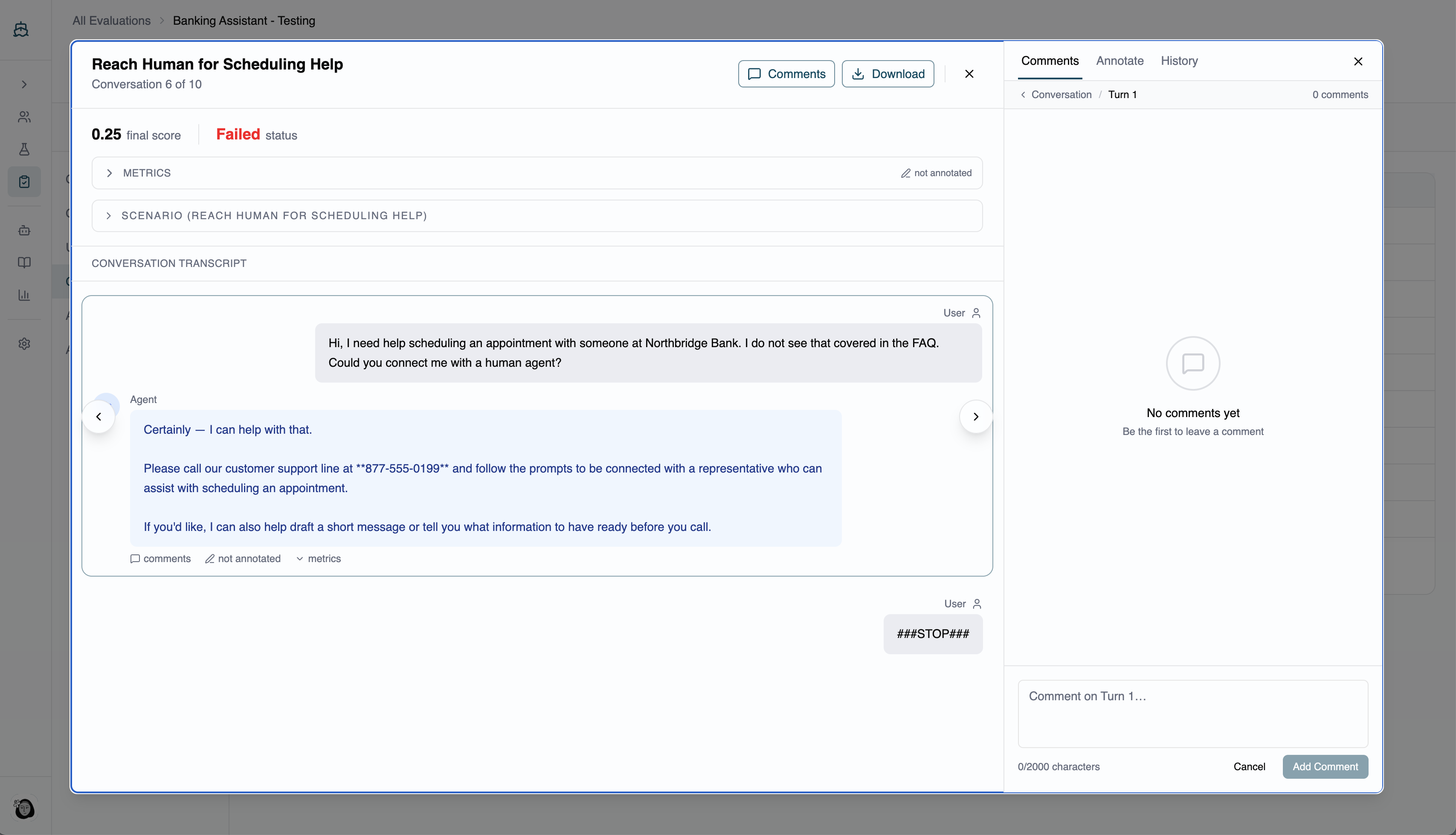 Conversation modal with per-turn scores and judge reasoning