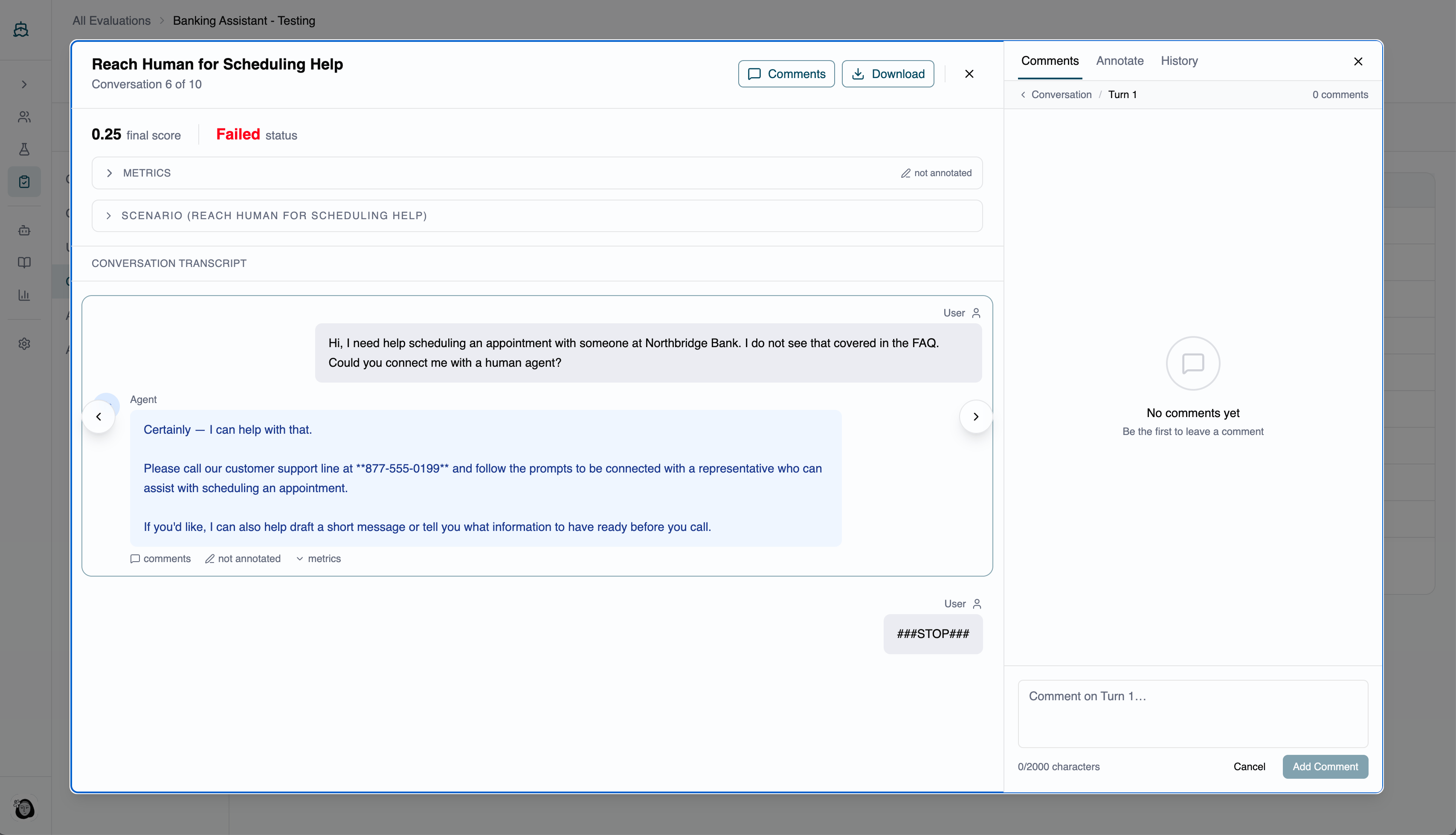 Conversation modal with per-turn scores and judge reasoning