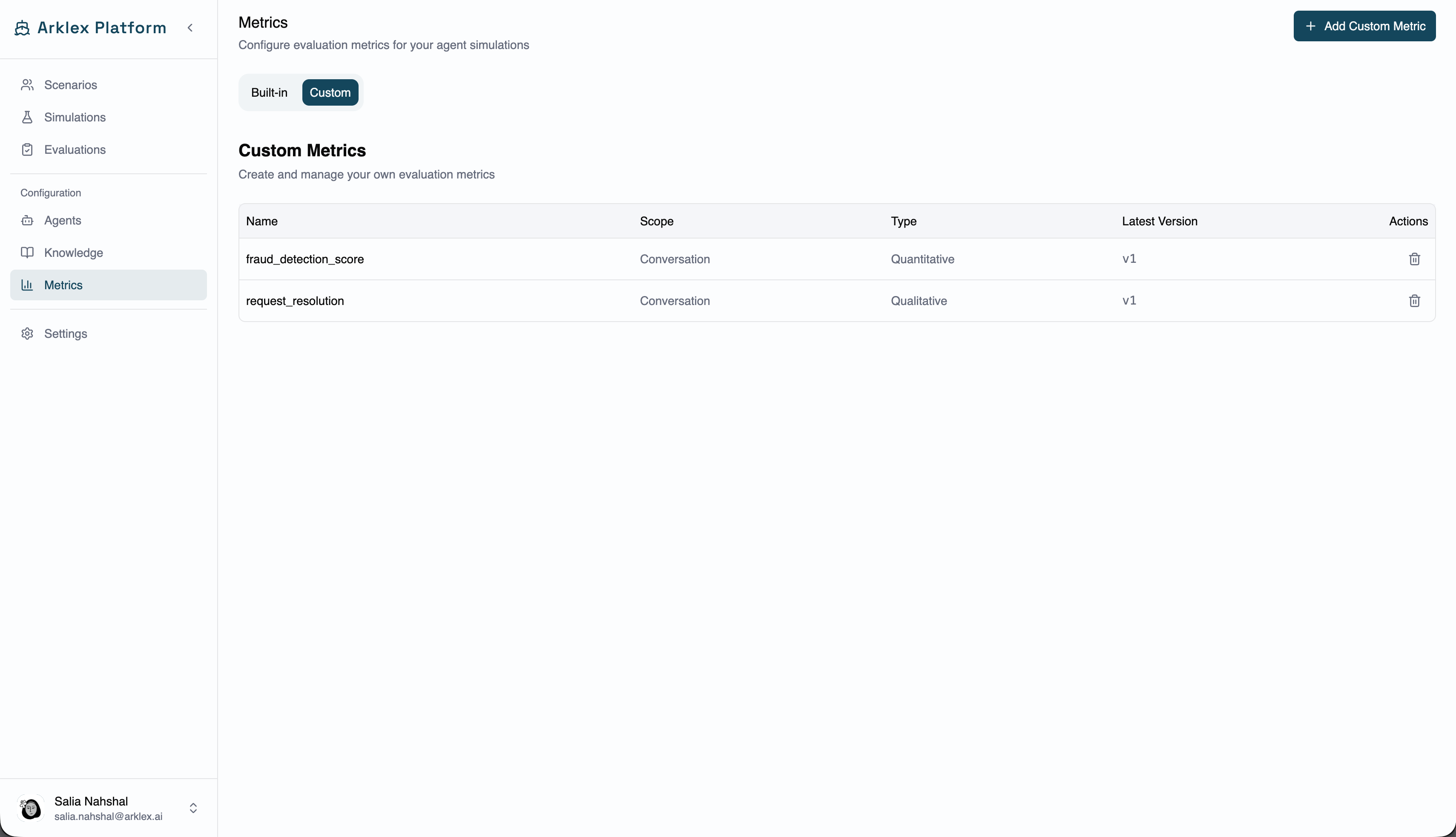 The custom metric creation form
