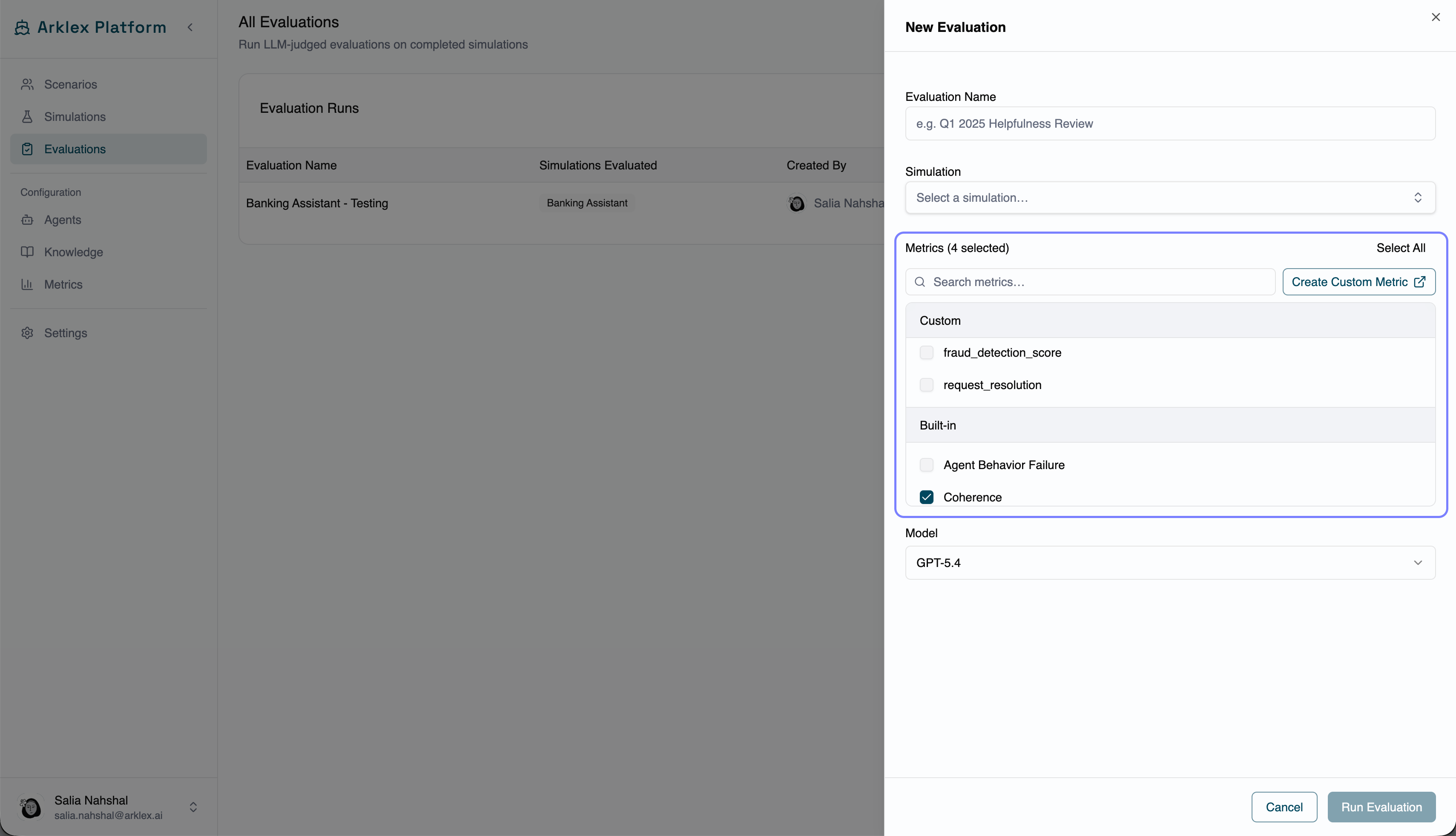 The metric selector grouped into custom and built-in types