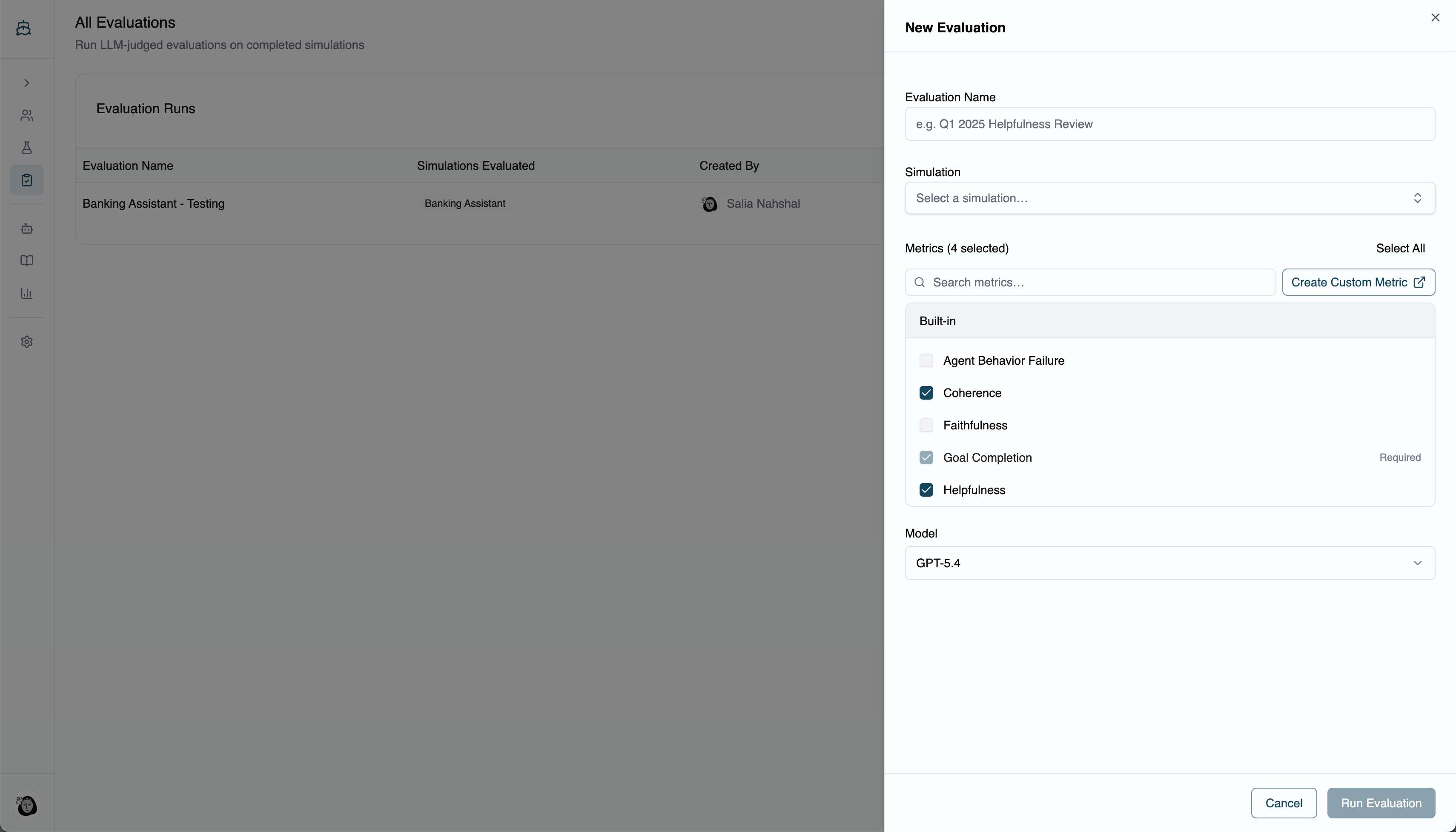 New Evaluation form — name the run, pick a simulation, and select metrics.