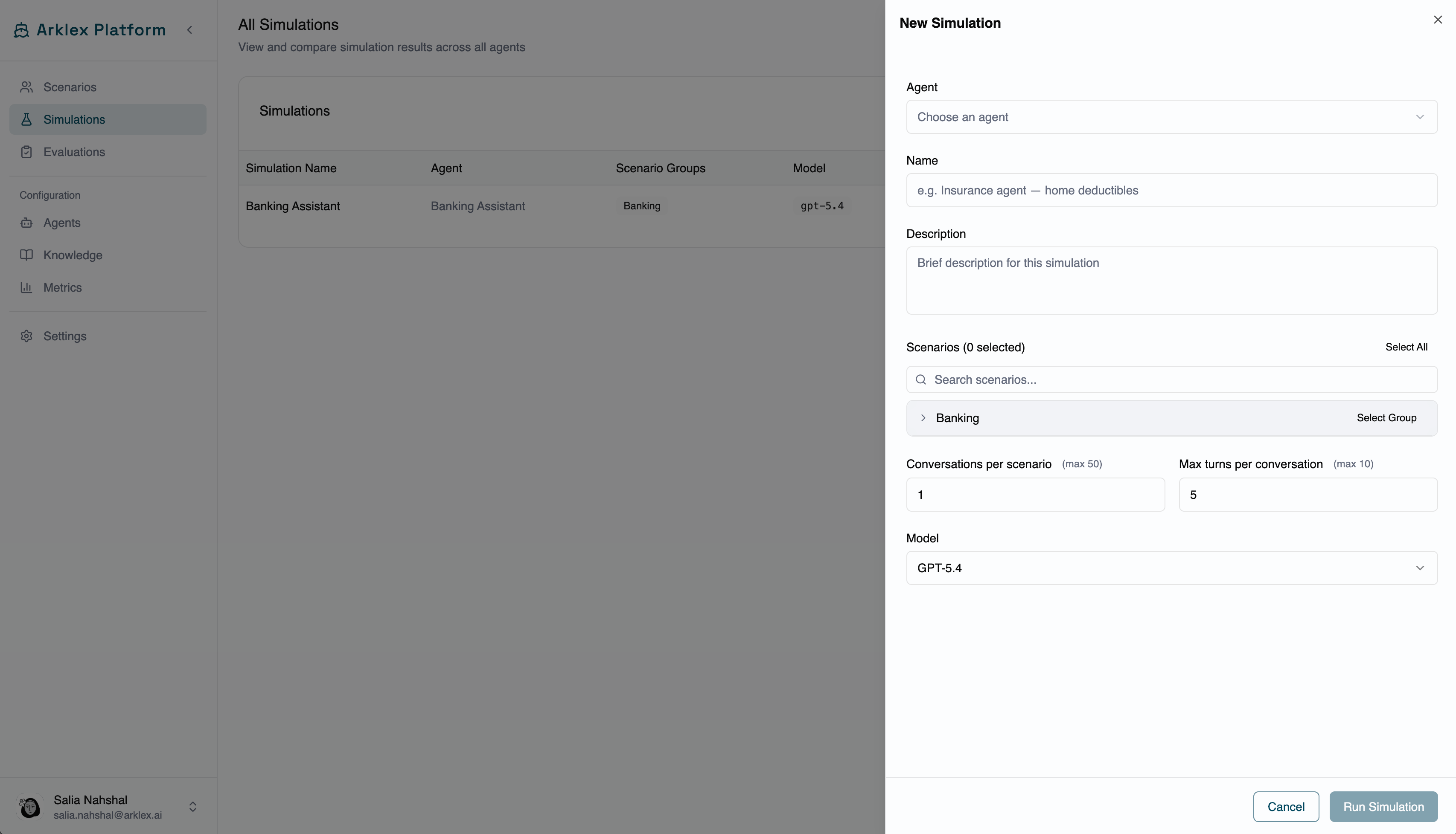 New Simulation form — choose an agent, name the run, select scenarios, set conversations and turns, and pick a model.