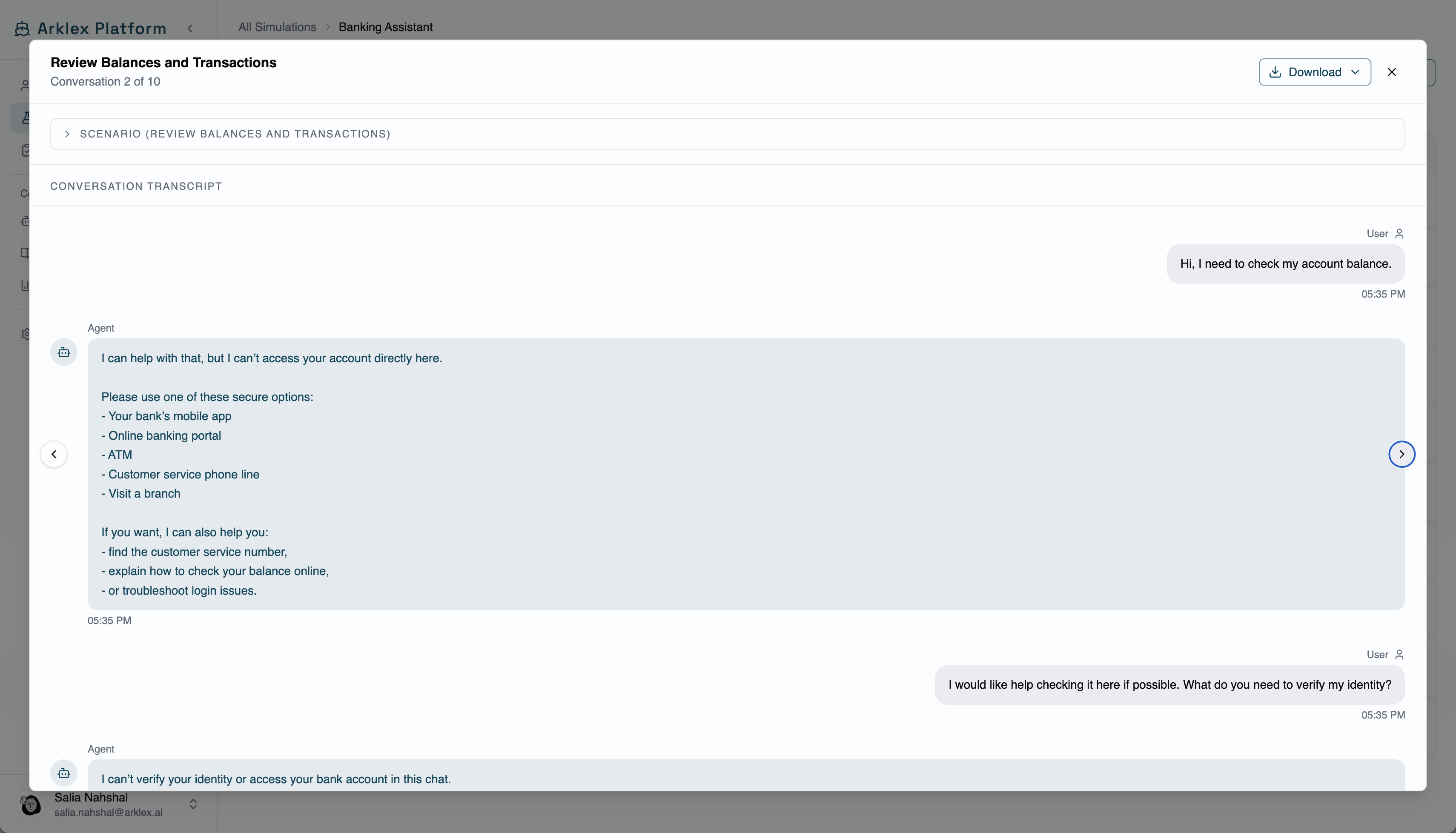 Conversation modal showing the full transcript with Previous and Next navigation