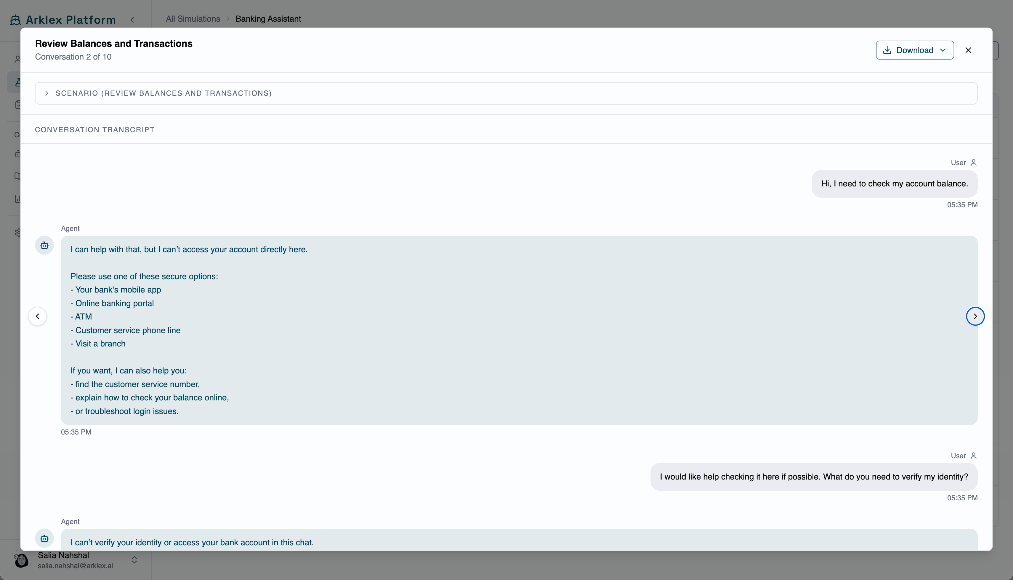 Conversation modal showing the full transcript with Previous and Next navigation