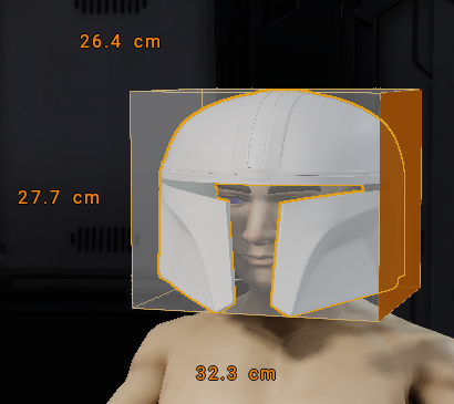 Selected helmet after non-uniform scaling, with dimensions of 32.3 cm wide, 27.7 cm high, and 26.4 cm deep