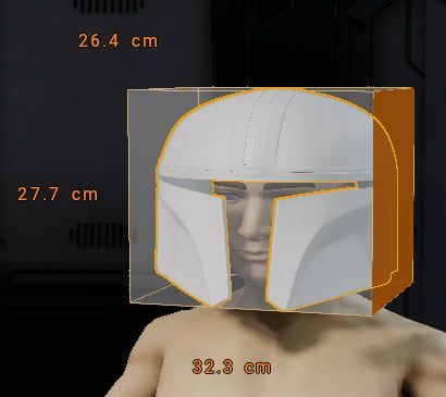 Selected helmet after non-uniform scaling, with dimensions of 32.3 cm wide, 27.7 cm high, and 26.4 cm deep