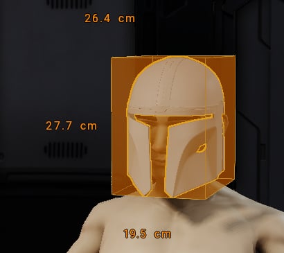 Selected helmet before widening, with dimensions of 19.5 cm wide, 27.7 cm high, and 26.4 cm deep