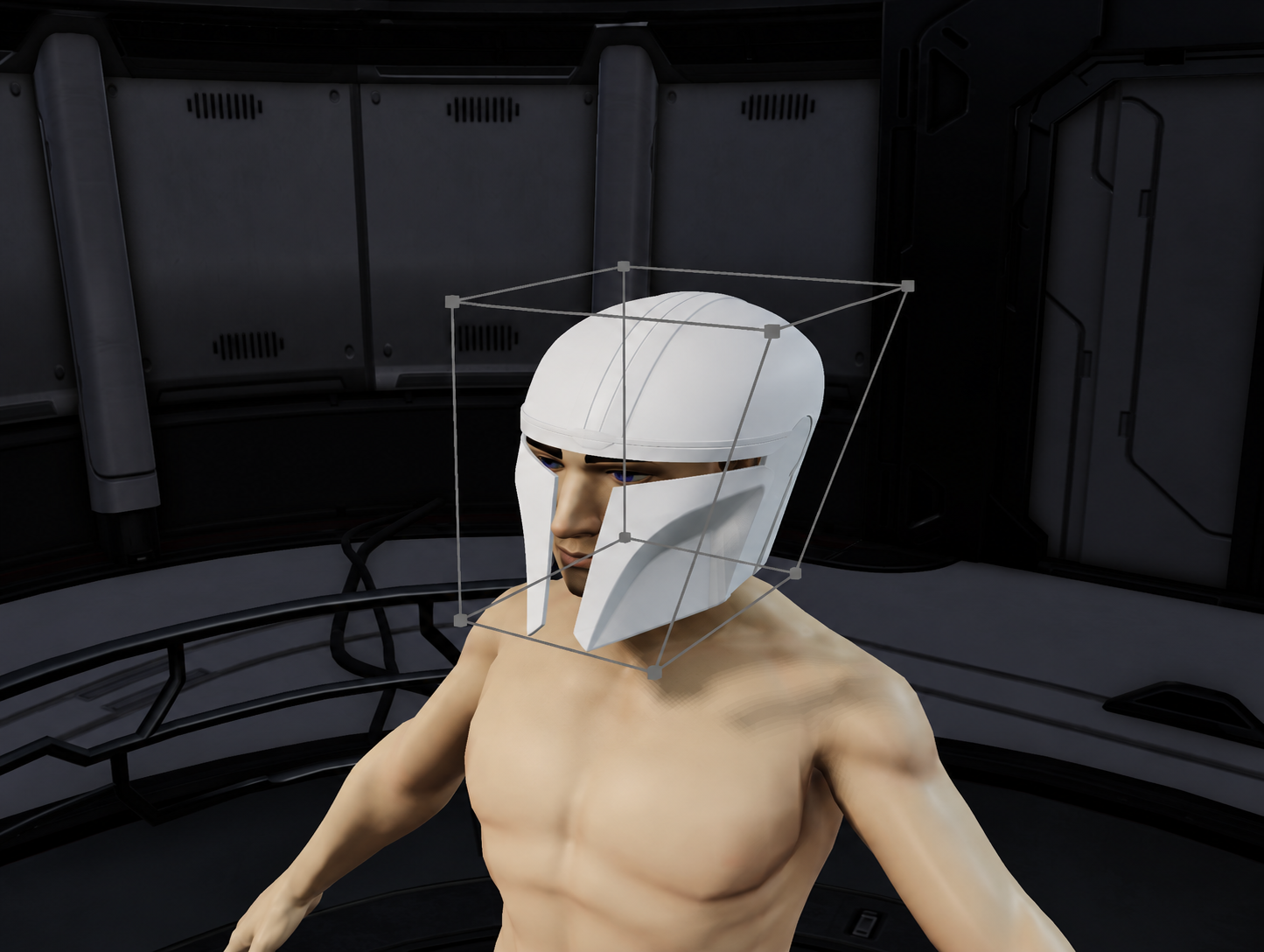 White helmet on an avatar, surrounded by a gray FFD lattice cage with square control points