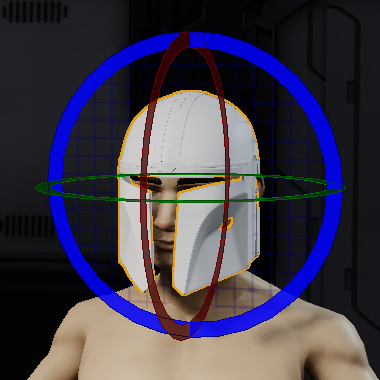 A selected helmet surrounded by the red X, green Y, and blue Z rotation rings
