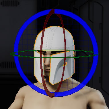 A selected helmet surrounded by the red X, green Y, and blue Z rotation rings