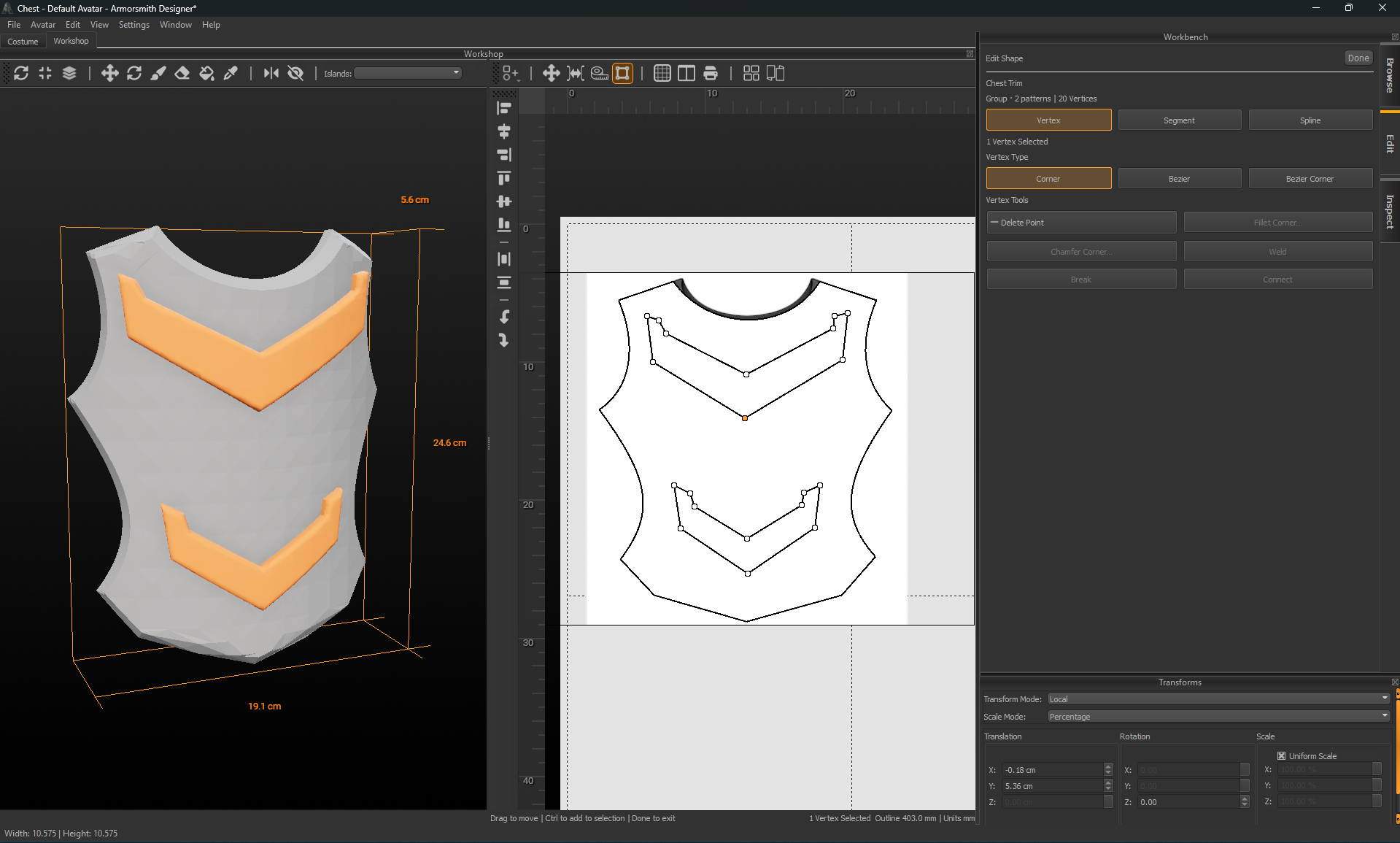 Edit Shape showing Chest Trim group with two patterns, editable vertices, and labeled Vertex Tools.