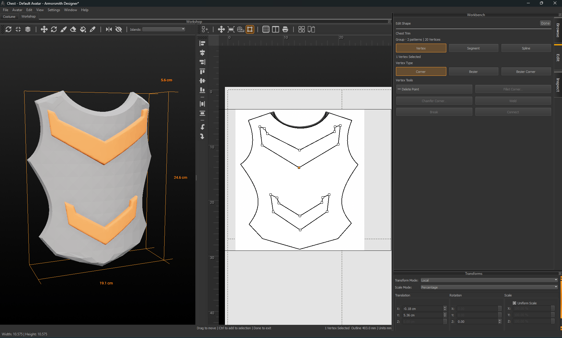 Edit Shape showing Chest Trim group with two patterns, editable vertices, and labeled Vertex Tools.