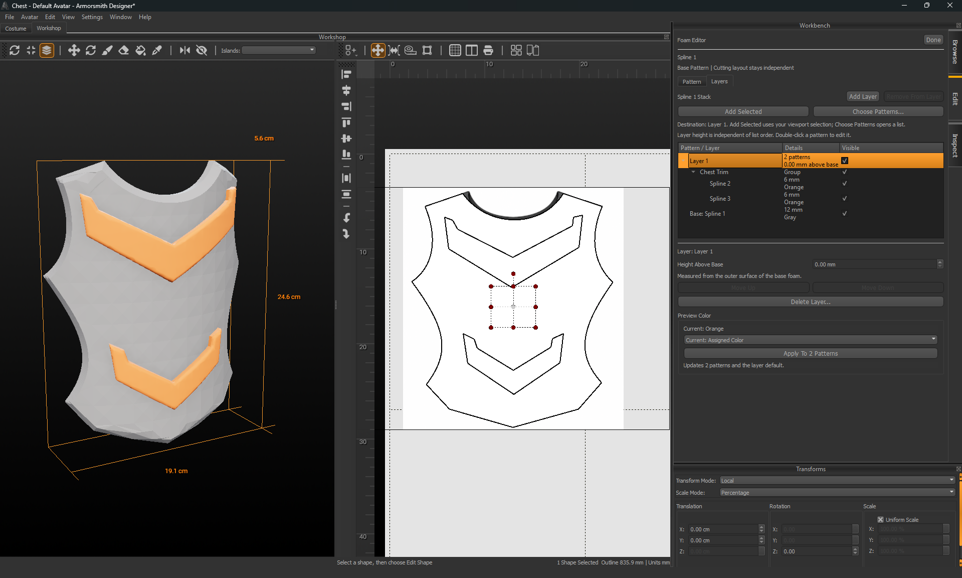 Layer 1 expanded with Chest Trim group, two 6 mm orange members, a 12 mm gray base, and Height Above Base 0 mm.