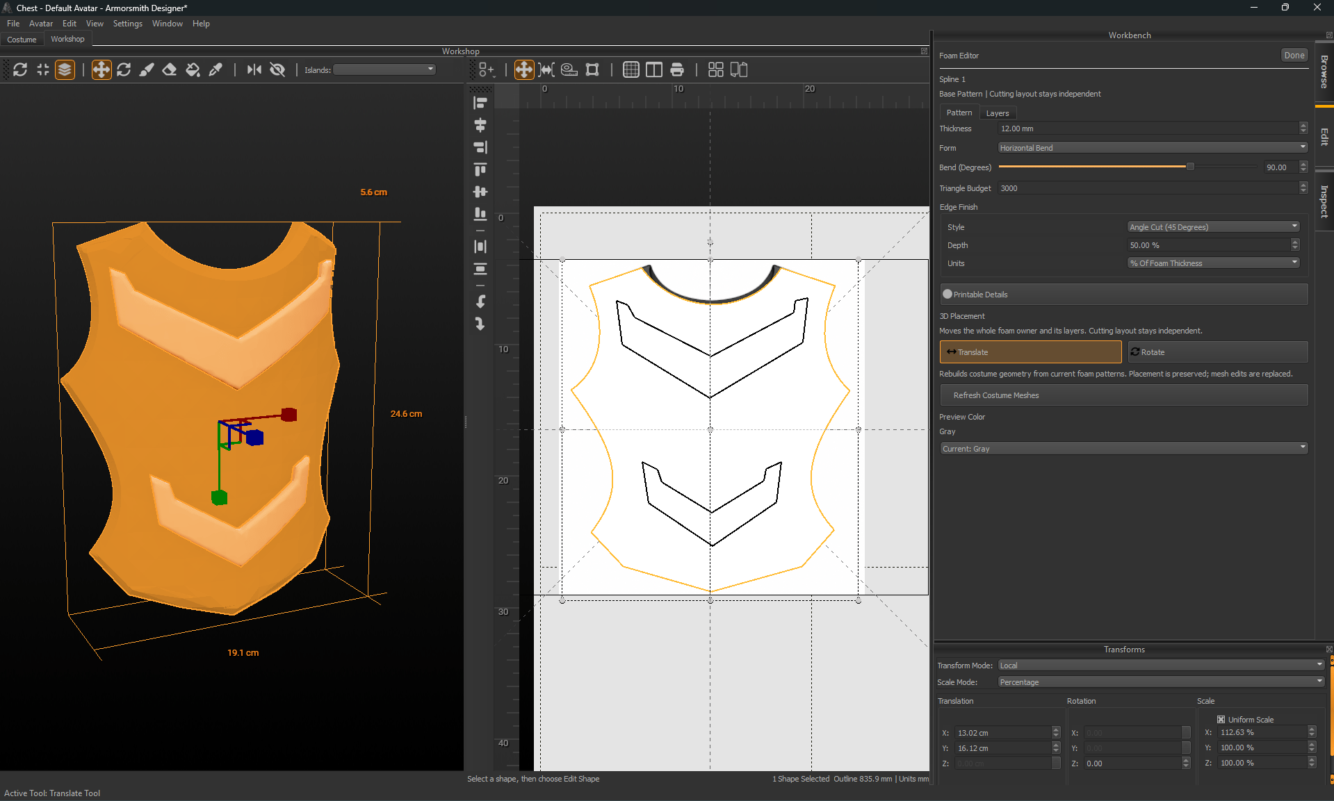 Base Pattern Spline 1 selected with Translate active, a gizmo on the foam stack, and Refresh Costume Meshes visible.