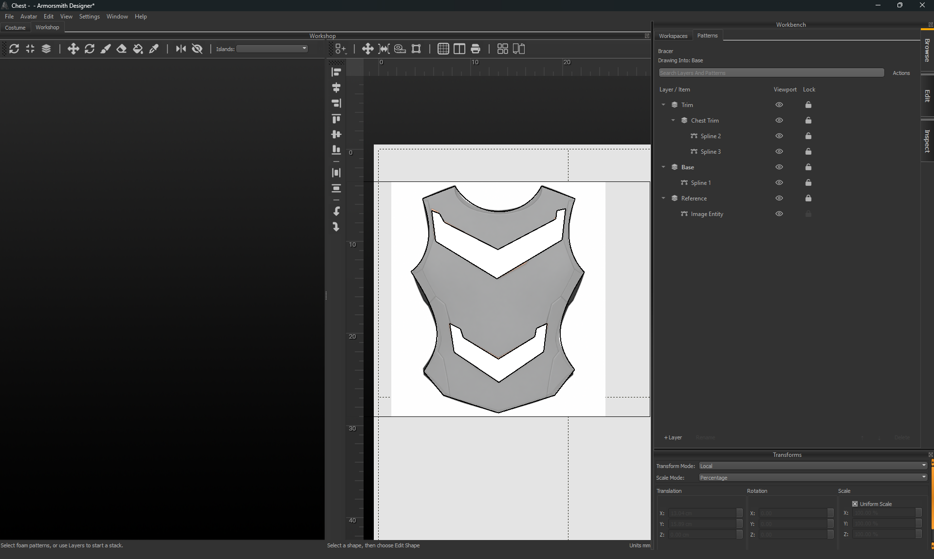 Patterns browser showing Drawing Into Base, an expanded Chest Trim group with two splines, and a locked Reference layer.