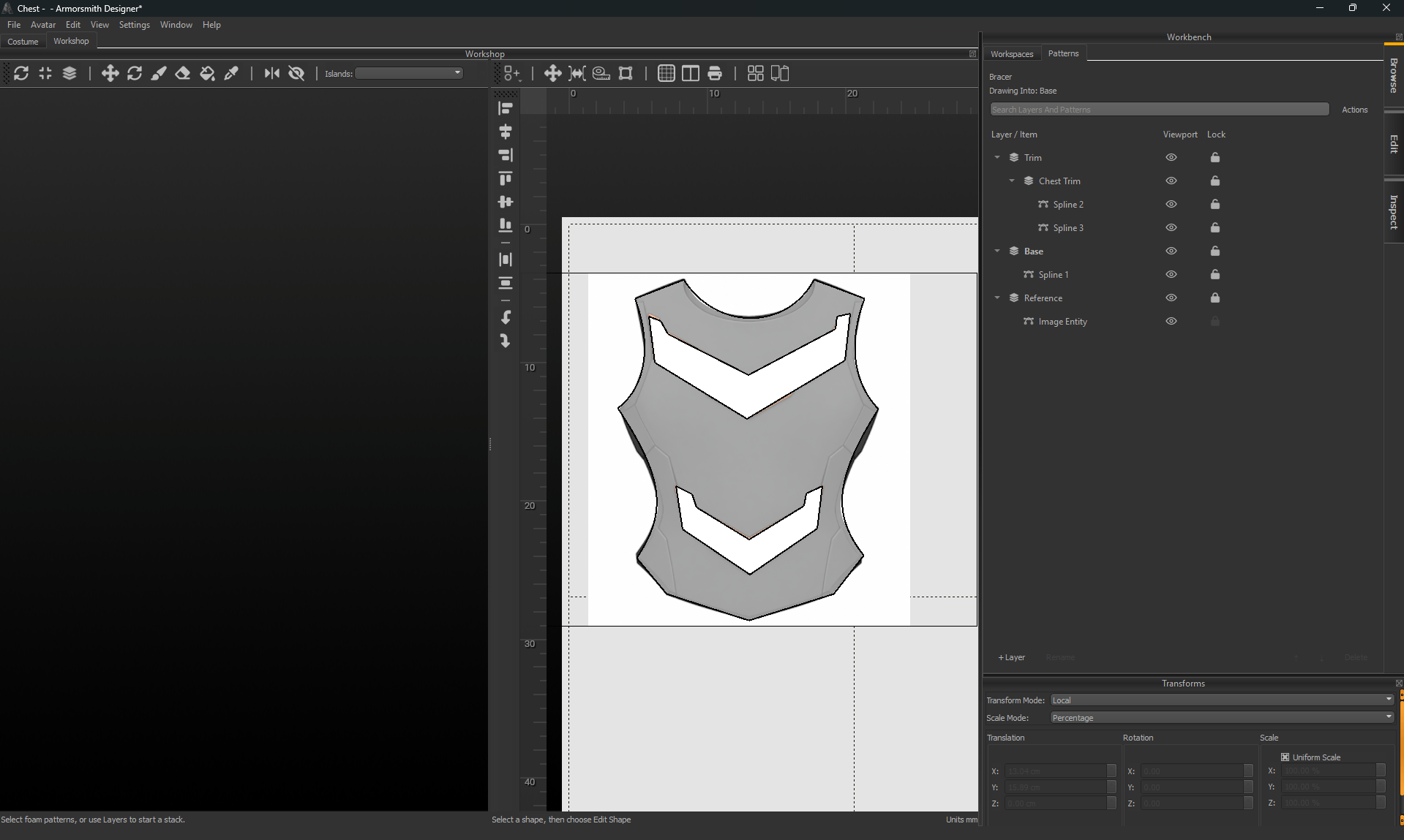 Patterns browser showing Drawing Into Base, an expanded Chest Trim group with two splines, and a locked Reference layer.