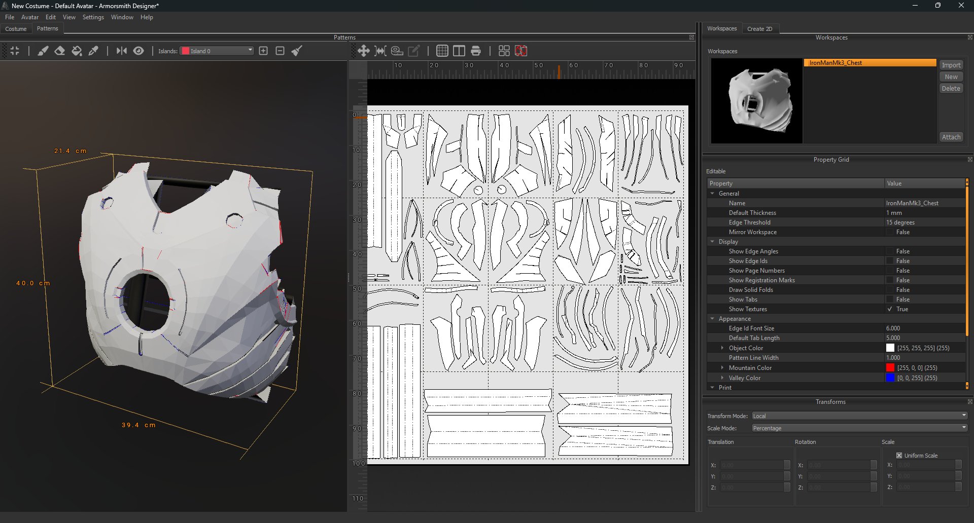 The Patterns workspace with a 3D chest model on the left and unfolded pattern pages on the right