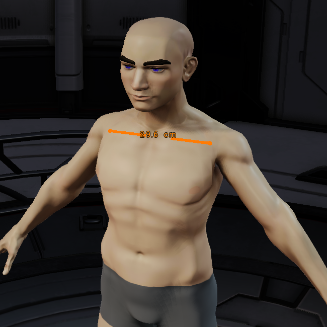 Orange measurement line and endpoint markers across the avatar's upper chest, labeled 29.6 cm