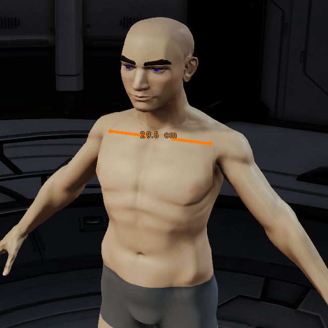 Orange measurement line and endpoint markers across the avatar's upper chest, labeled 29.6 cm