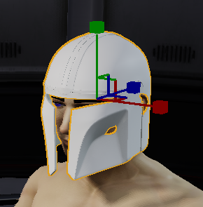 A selected helmet with the red X, green Y, and blue Z translation handles