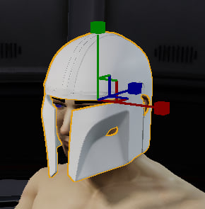A selected helmet with the red X, green Y, and blue Z translation handles