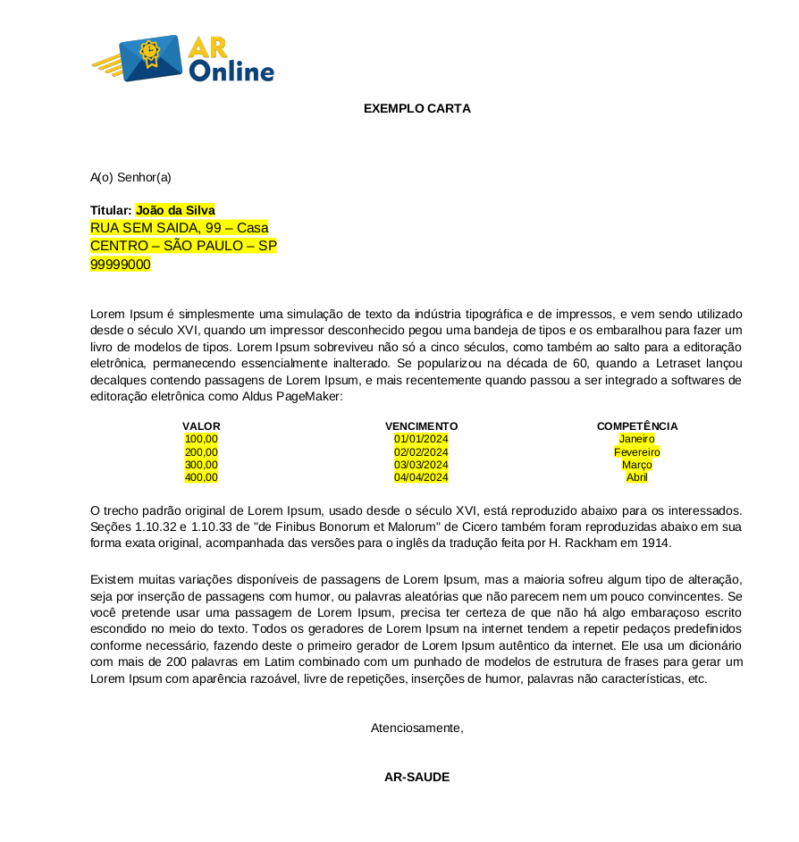 Exemplo de carta gerada pelo AR-Cartas