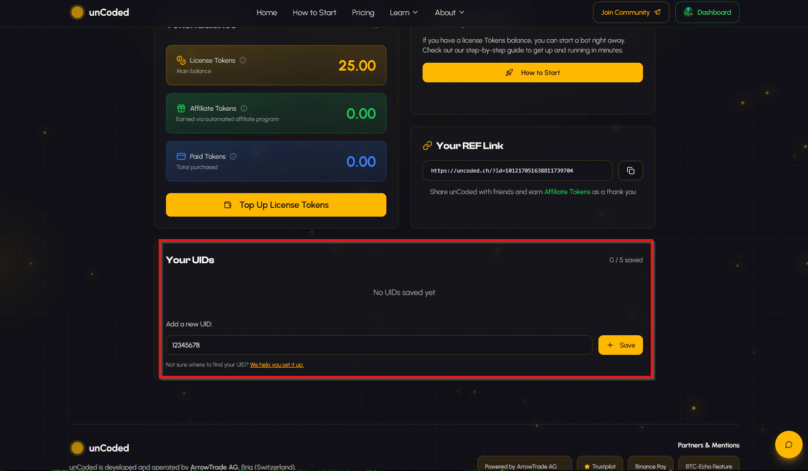 5 unCoded Dashboard Add UID from Binance