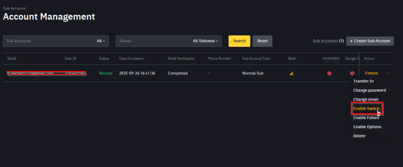 Binance Account Switch Enabled