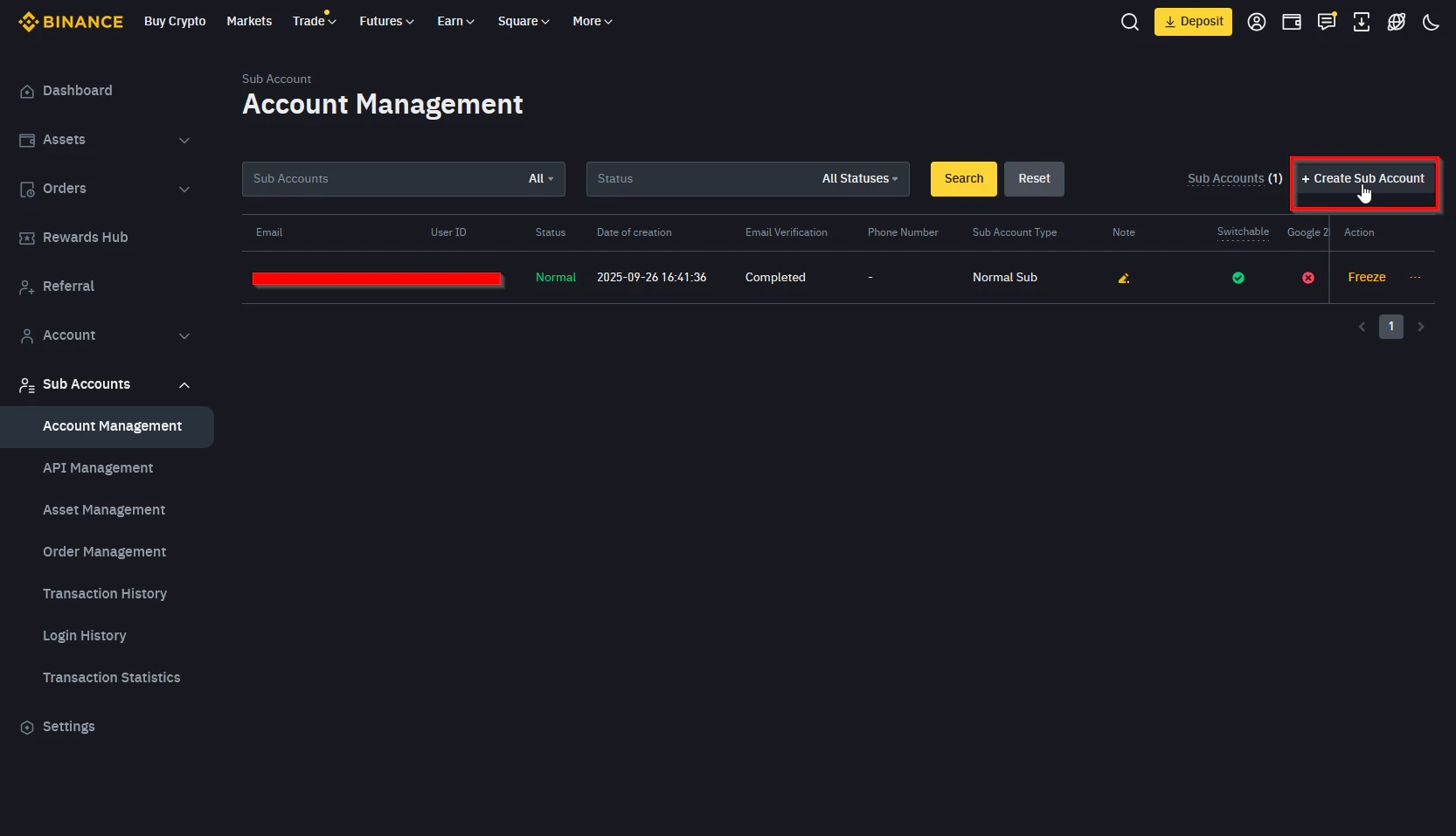 Binance Sub Account creation