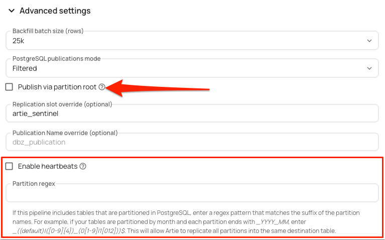 Publication settings in Artie