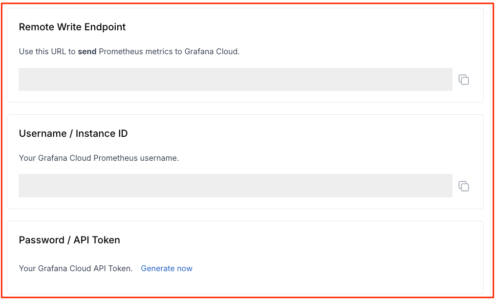 Grafana Cloud Metrics details showing the remote-write endpoint, Metrics instance ID, and API token controls