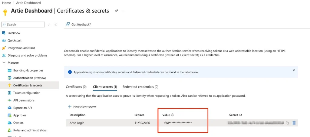 Certificates & secrets page with the client secret value highlighted