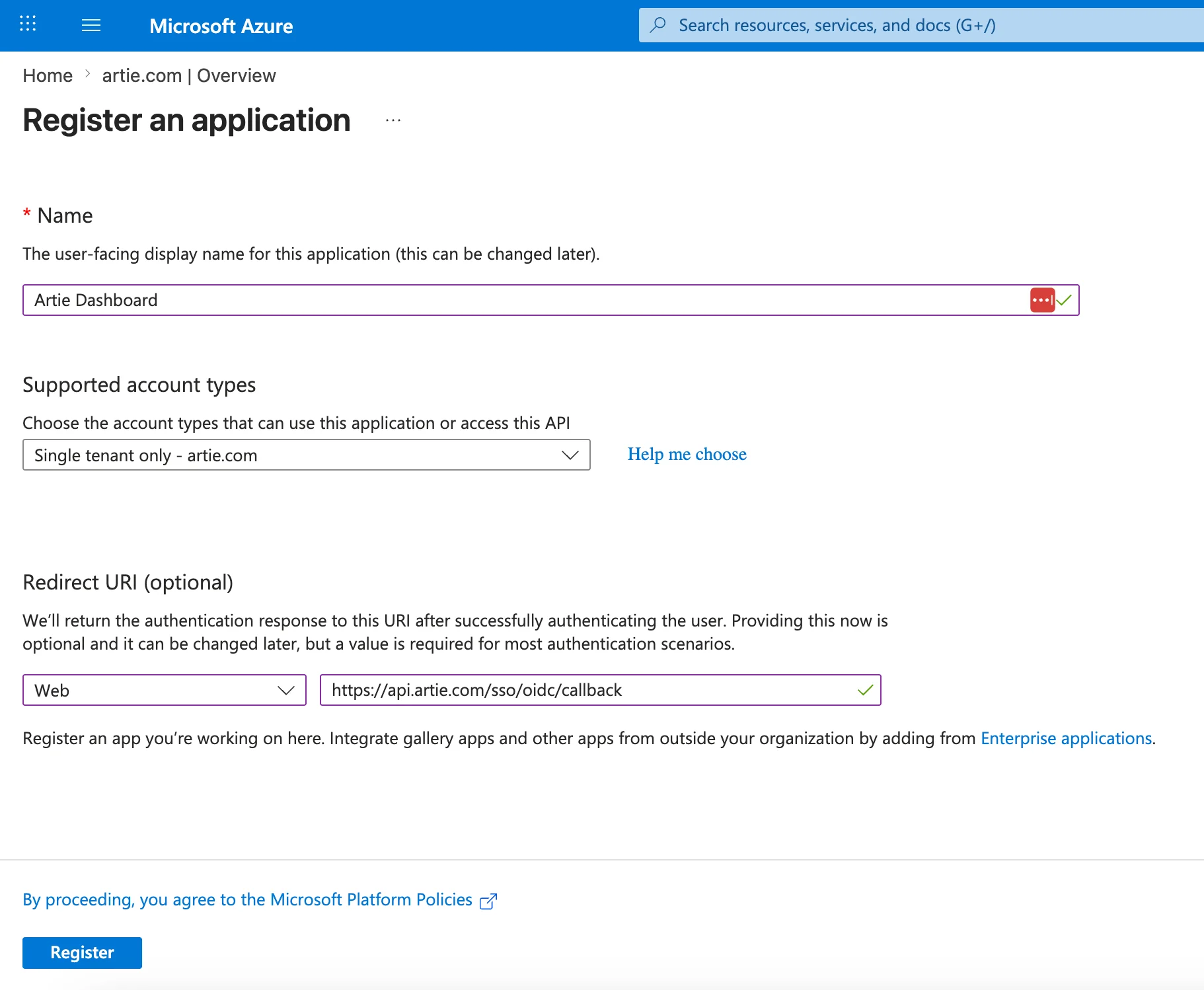 New registration form with Name, tenant type, and redirect URI filled in