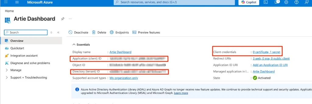 App registration overview page with Application (client) ID and Directory (tenant) ID highlighted
