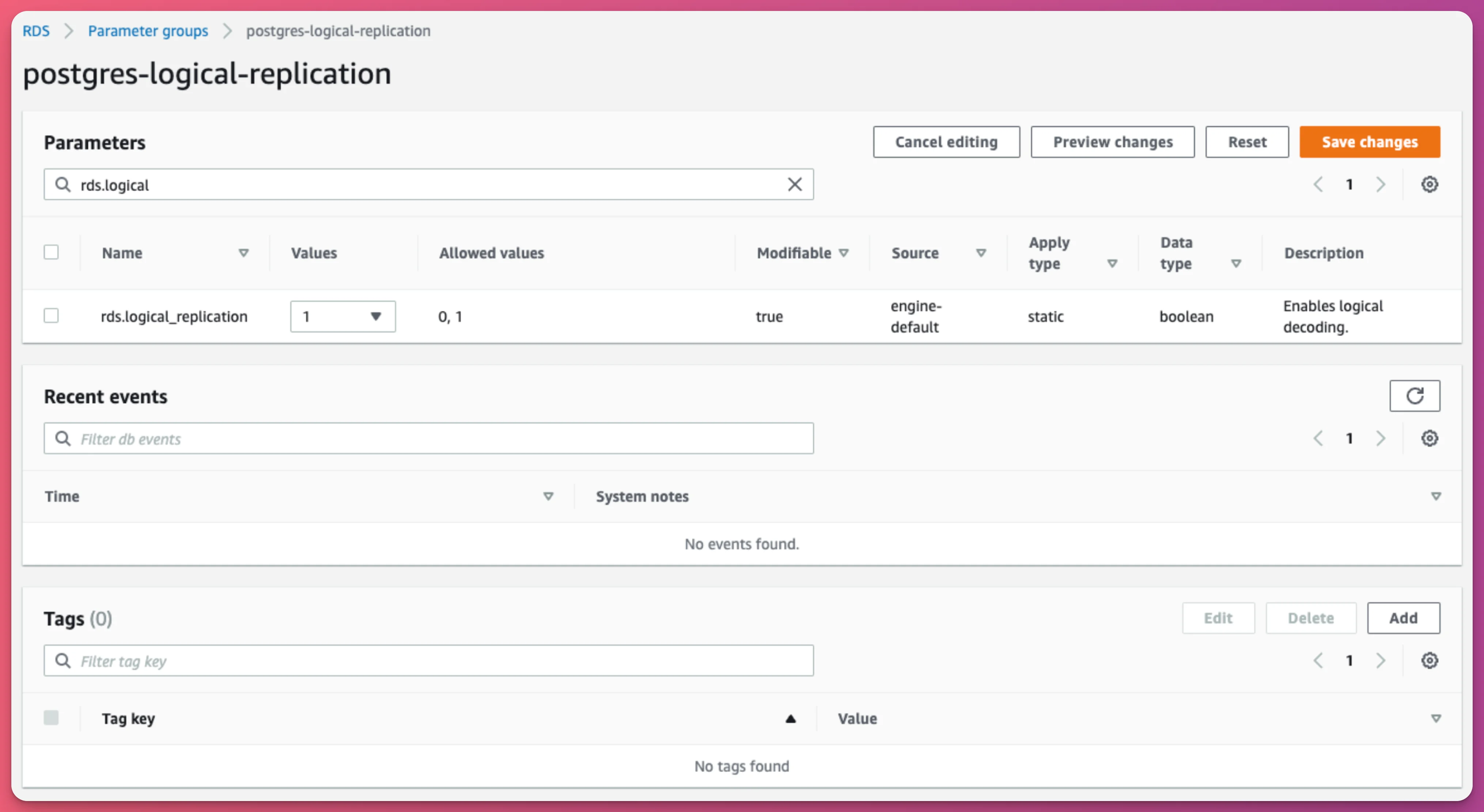 Change rds.logical_replication to 1