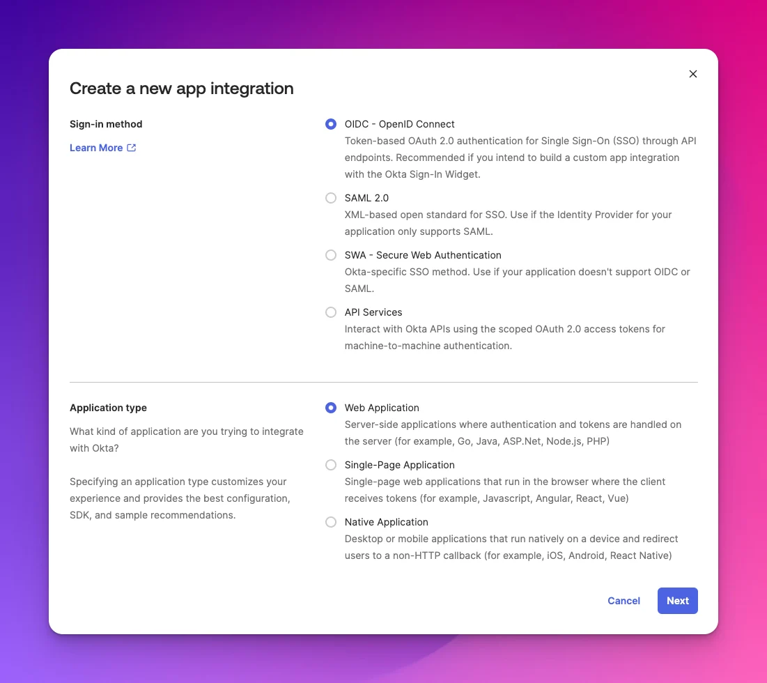 Create Okta app integration