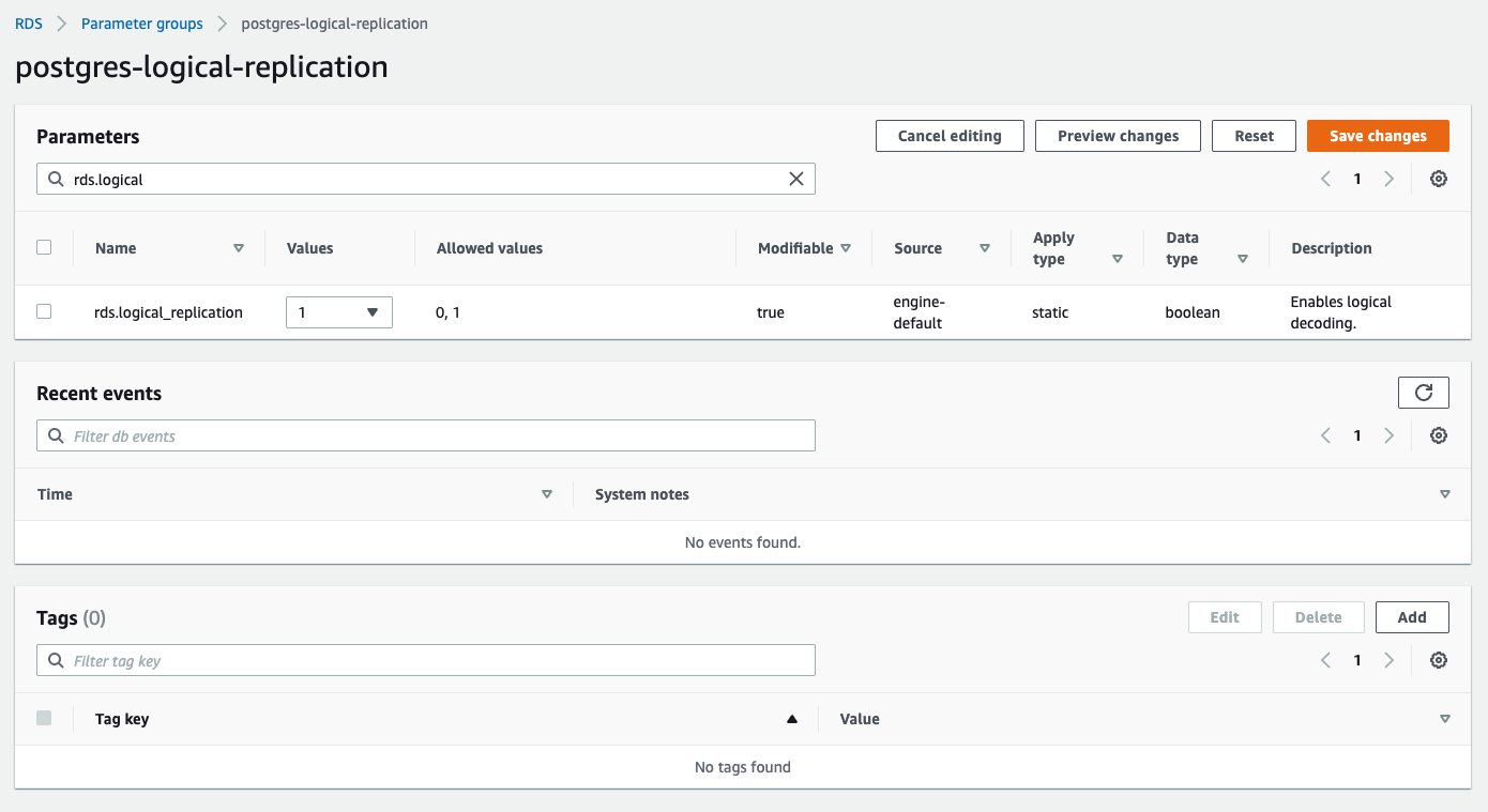 Change rds.logical_replication to 1