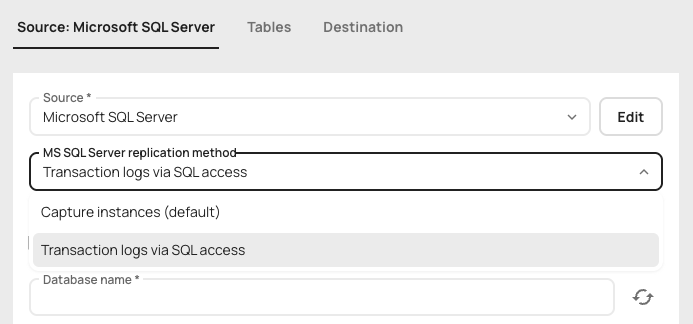 Artie dashboard - SQL Server source - Transaction logs via SQL access