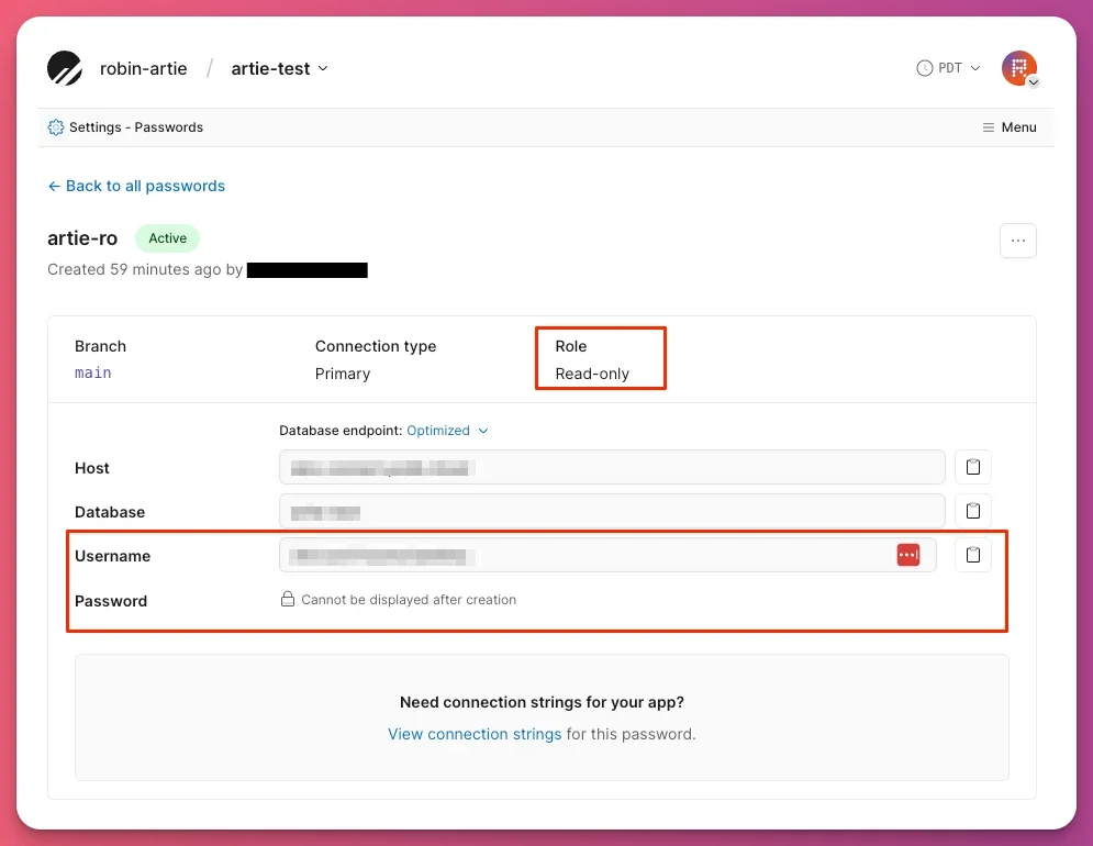 PlanetScale New Password screen with the Role field set to Read-only