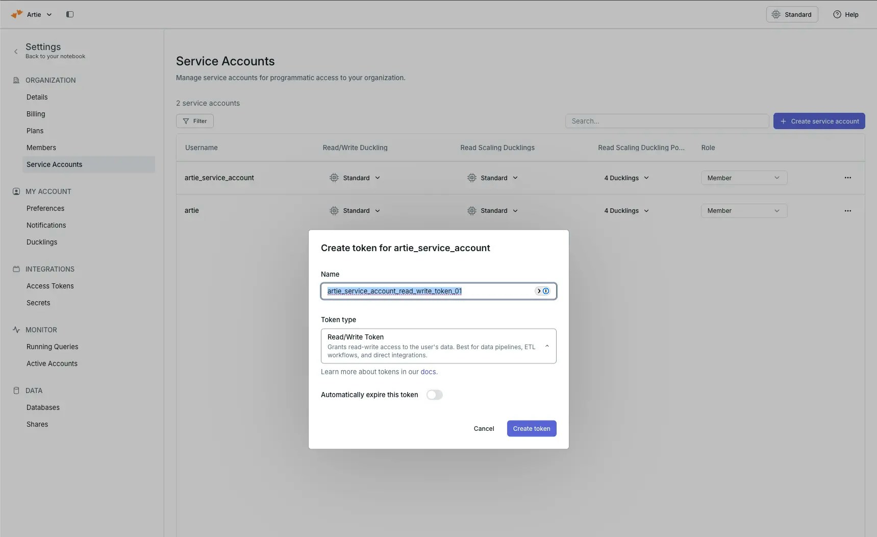 MotherDuck create service account access token