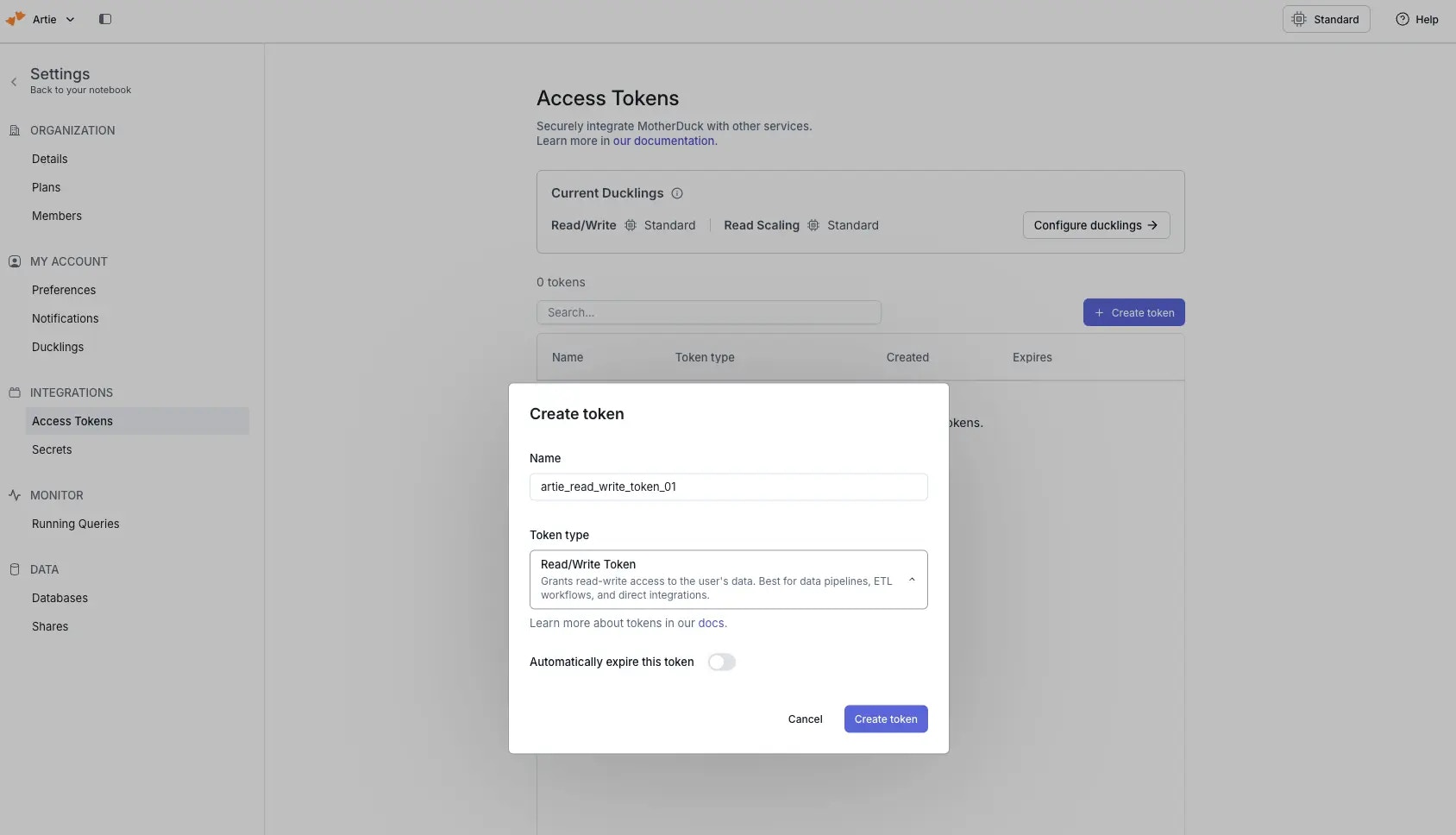 MotherDuck create user access token