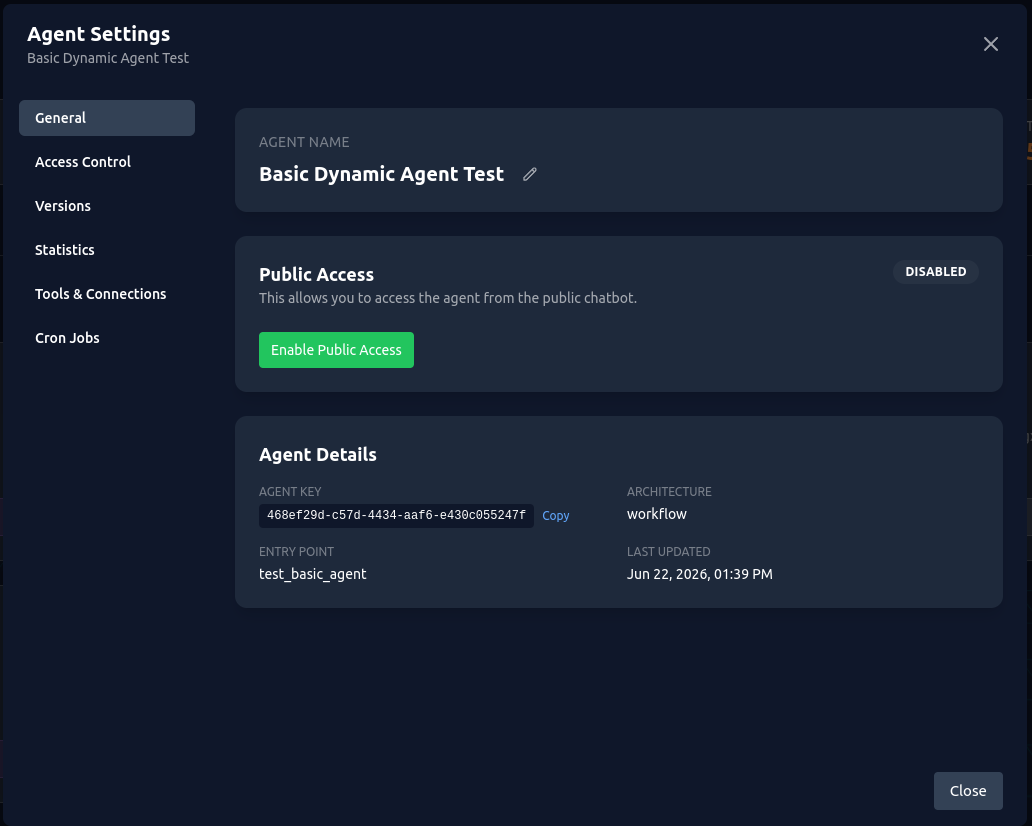 Agent Settings modal overview