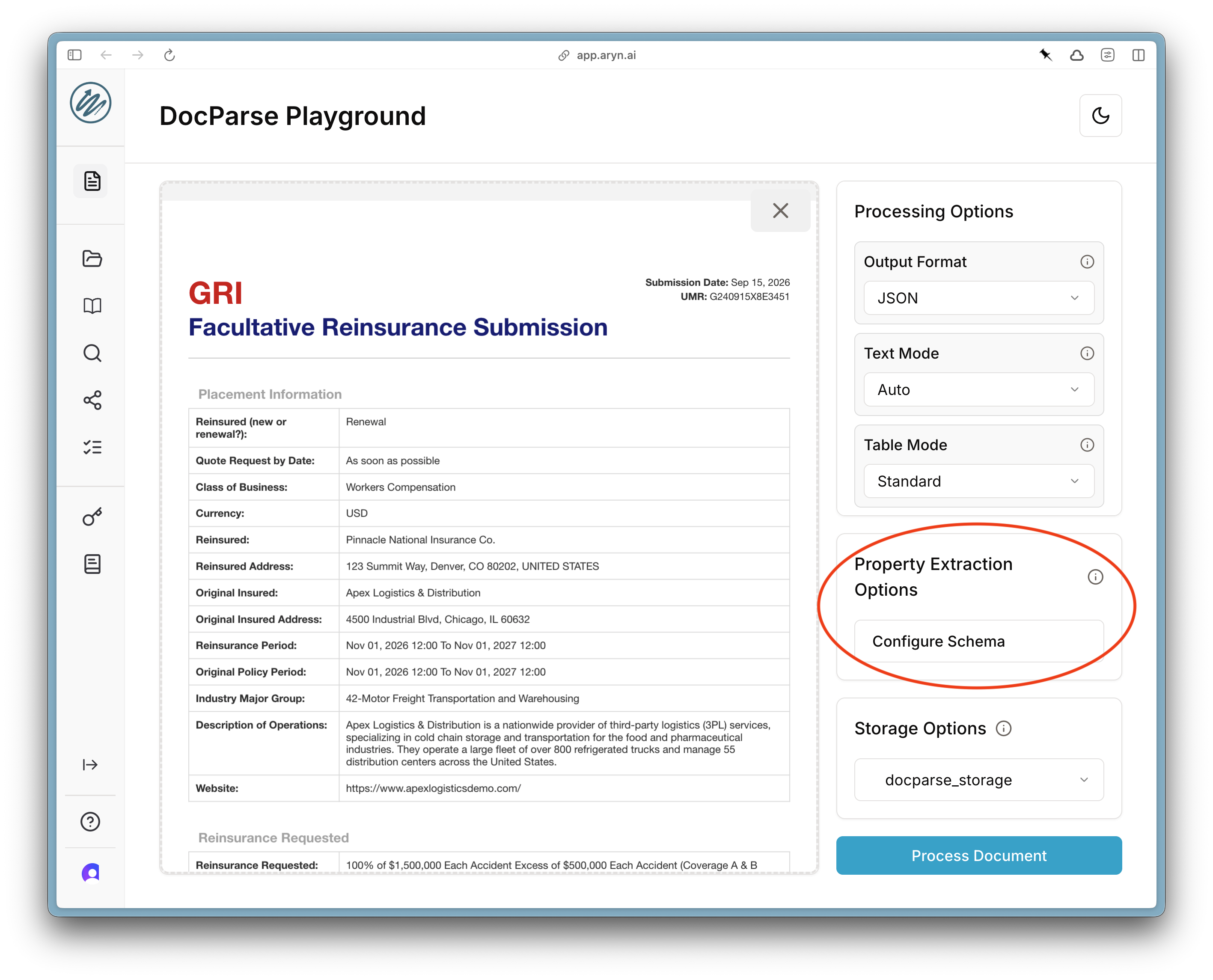 Property Extraction Options in the DocParse UI